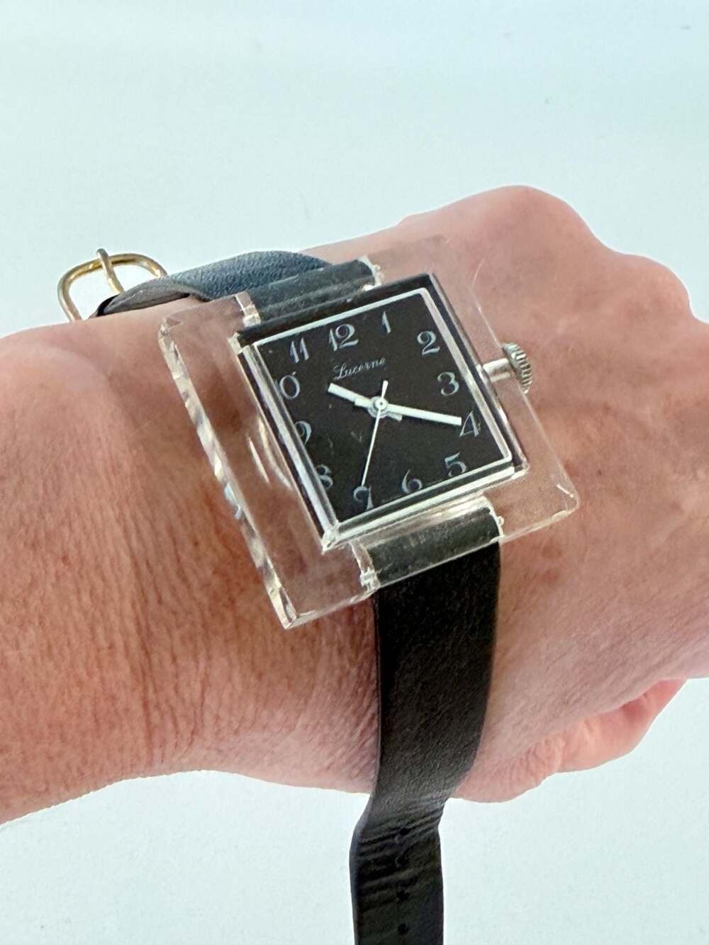 Vintage Lucerne Swiss Made Lucite Acrylic Clear Square Mechanical Wrist Watch